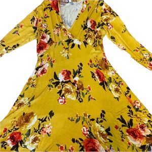 Magic Fit Yellow Floral Dress Long Sleeve Mustard V Neck Soft Size M